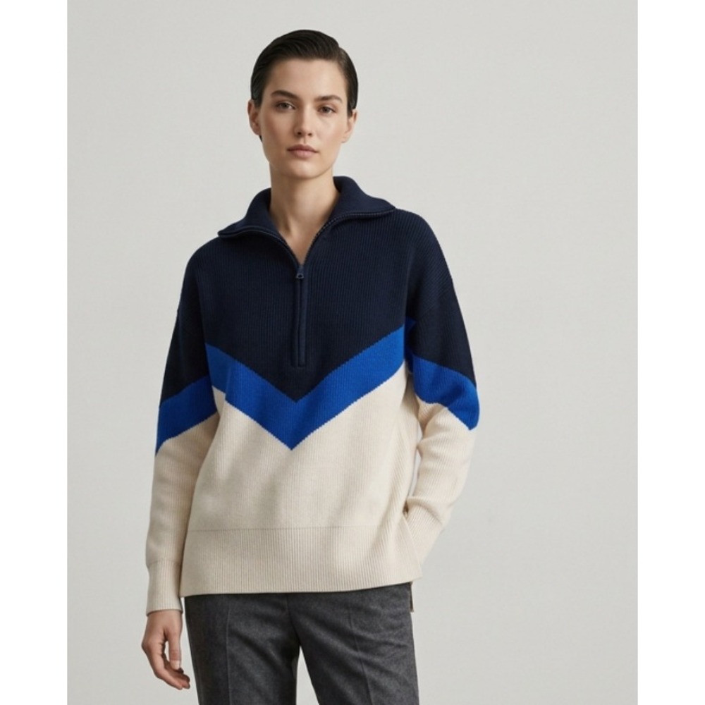 Lou & Grey Womens Small Cotton Chevron Colorblock Quarter Zip Sweater Navy Cream